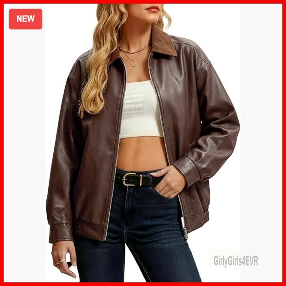 Oversized Faux Leather Bomber Jacket with Zip Front and Side Pockets